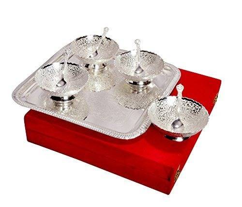 Silver Gold Plated Traditional Bowl Set of 9 Pcs with Velvet Box