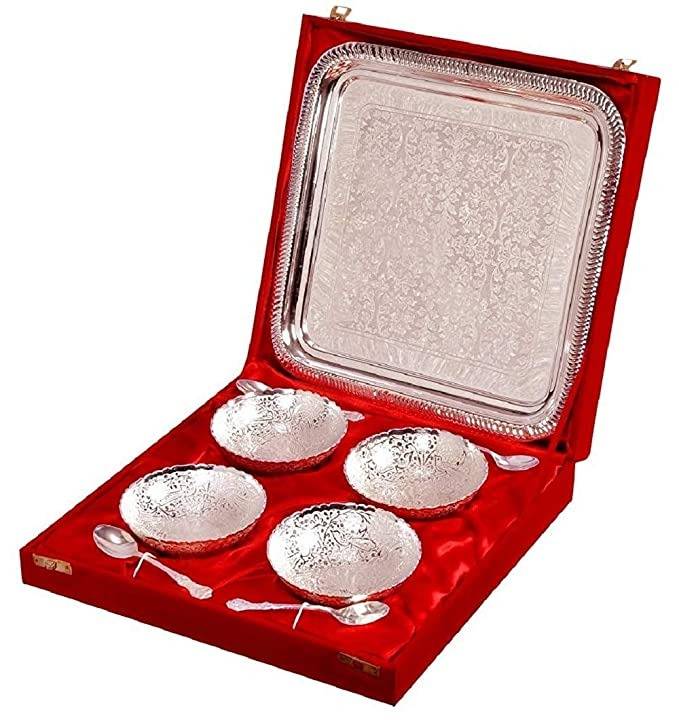 Silver Gold Plated Traditional Bowl Set of 9 Pcs with Velvet Box