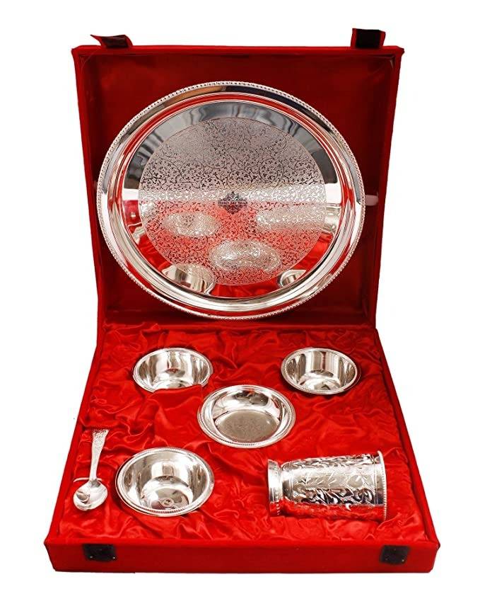 Silver Plated Embossed Design Dinner Thali Dinnerware Set -7 Pieces