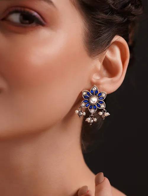 Blue Silver Earrings with Kundan and blue stones