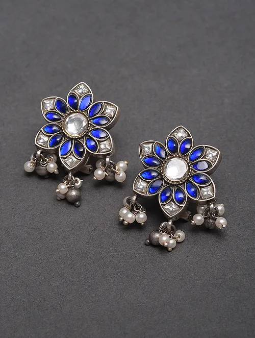 Blue Silver Earrings with Kundan and blue stones