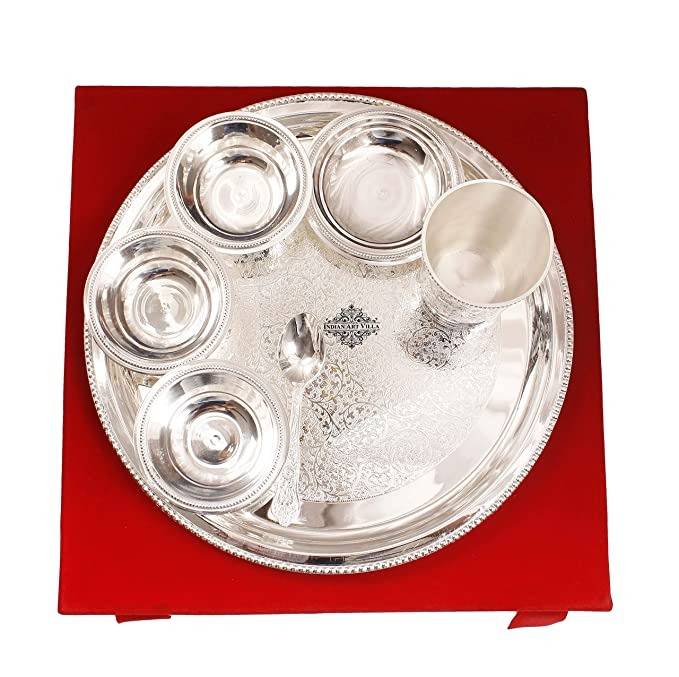 Silver Plated Embossed Design Dinner Thali Dinnerware Set -7 Pieces